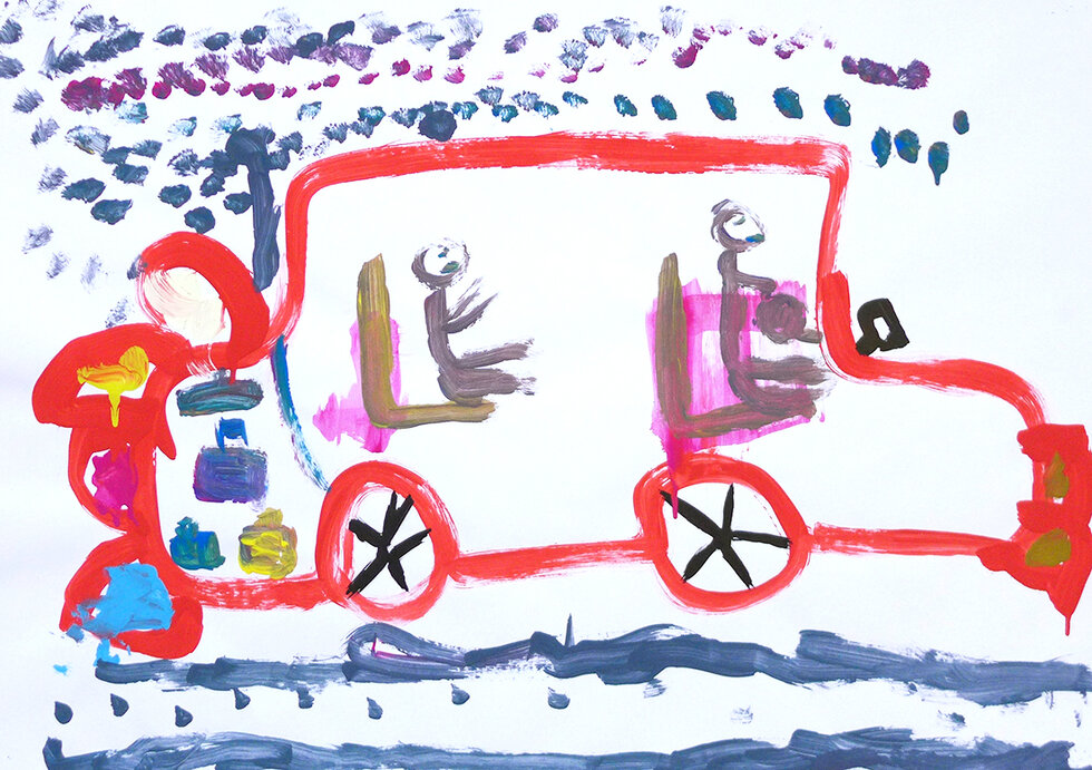 Kinderzeichnung, Auto Kunsttherapie fuer Familien; Autofahrt